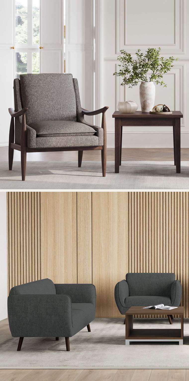 Mira Lounge Chair – Solid hardwood frame with textured weave upholstery.
