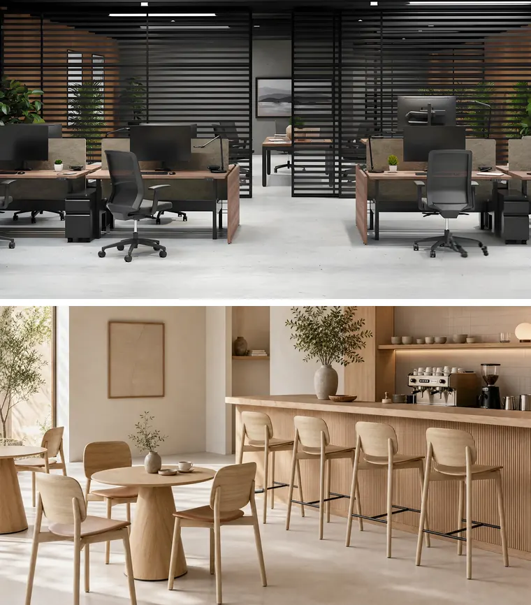 Open-Plan Office – Workstations and a meeting area in an open office.