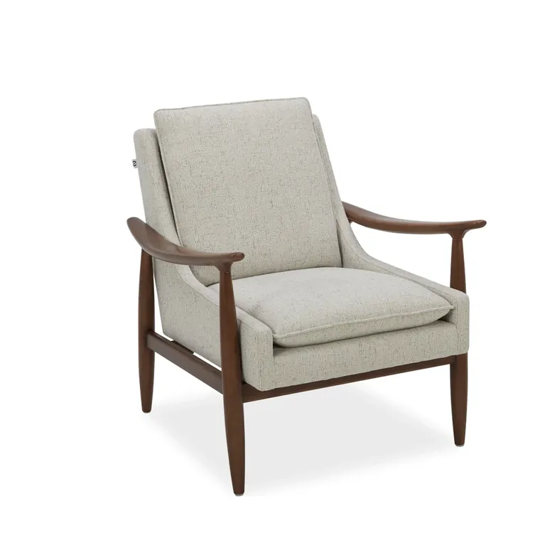 Wood-Arm Lounge Chair – Upholstered chair with wood arms.