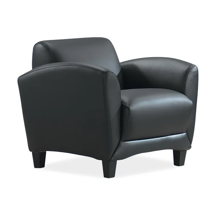 Leather Club Chair – Deep seat on black wood legs.