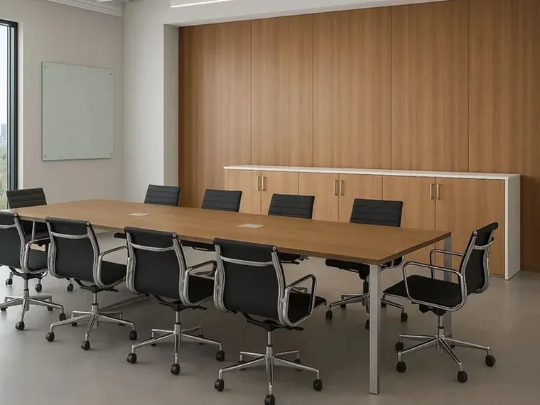 Boardroom with Credenza – Long wood table with matching wall storage.