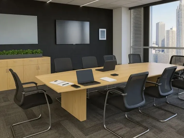 Bright Meeting Room – Light wood table with matching storage.